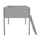 Cama alta individual baja de madera maciza gris con escalera convertible y valla de seguridad para niños