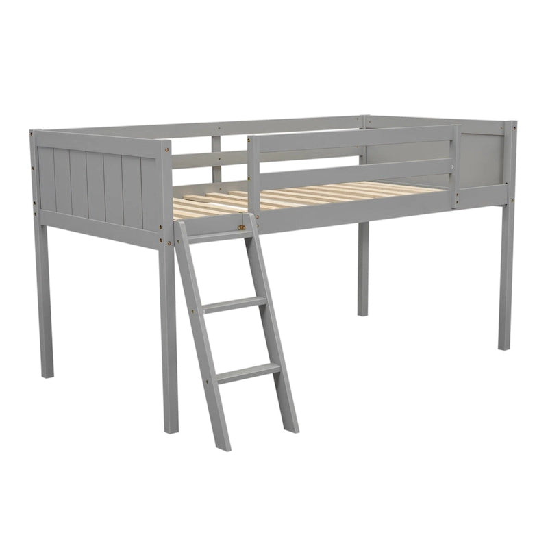 Cama alta individual baja de madera maciza gris con escalera convertible y valla de seguridad para niños