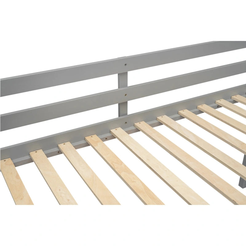 Cama alta individual baja de madera maciza gris con escalera convertible y valla de seguridad para niños