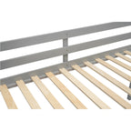 Cama alta individual baja de madera maciza gris con escalera convertible y valla de seguridad para niños