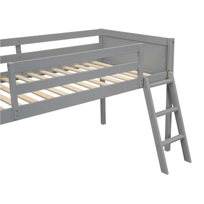 Cama alta individual baja de madera maciza gris con escalera convertible y valla de seguridad para niños