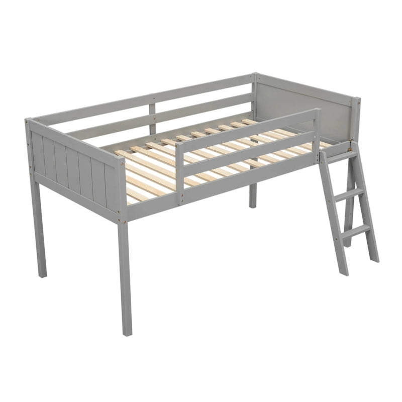 Cama alta individual baja de madera maciza gris con escalera convertible y valla de seguridad para niños