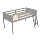 Cama alta individual baja de madera maciza gris con escalera convertible y valla de seguridad para niños
