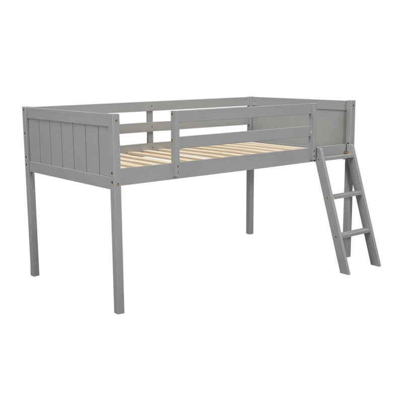 Cama alta individual baja de madera maciza gris con escalera convertible y valla de seguridad para niños