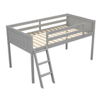 Cama alta individual baja de madera maciza gris con escalera convertible y valla de seguridad para niños