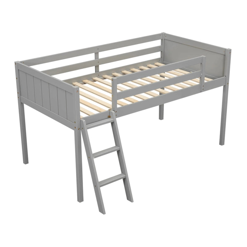 Cama alta individual baja de madera maciza gris con escalera convertible y valla de seguridad para niños