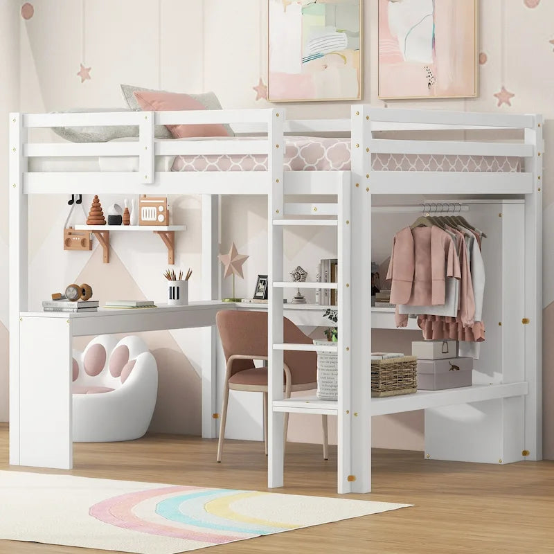 Cama alta de madera maciza blanca de tamaño completo con escritorio en forma de L y almacenamiento