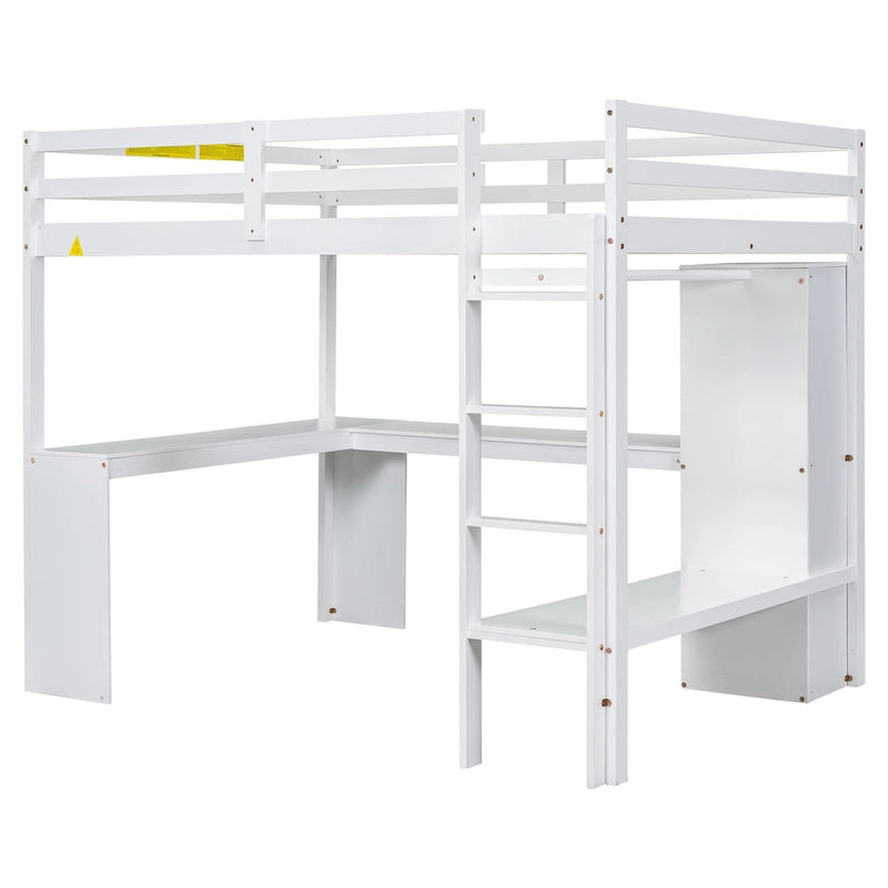 Cama alta de madera maciza blanca de tamaño completo con escritorio en forma de L y almacenamiento