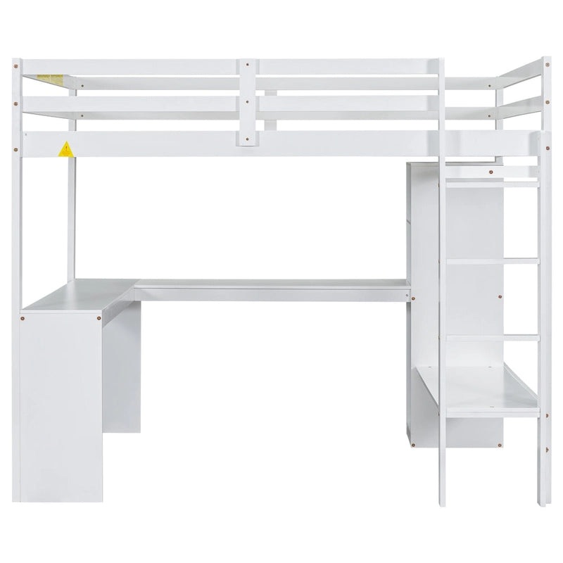Cama alta de madera maciza blanca de tamaño completo con escritorio en forma de L y almacenamiento