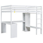 Cama alta de madera maciza blanca de tamaño completo con escritorio en forma de L y almacenamiento