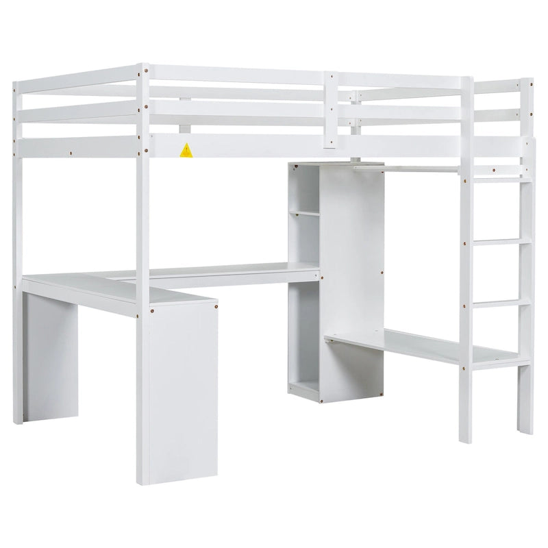 Cama alta de madera maciza blanca de tamaño completo con escritorio en forma de L y almacenamiento
