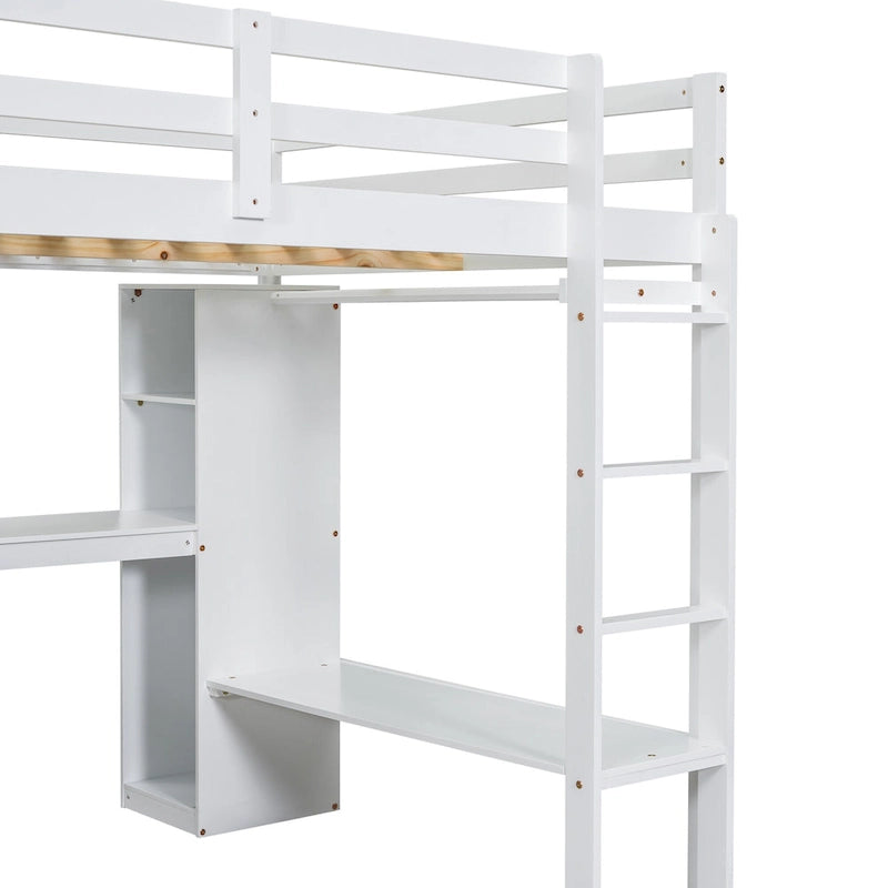 Cama alta de madera maciza blanca de tamaño completo con escritorio en forma de L y almacenamiento