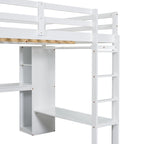 Cama alta de madera maciza blanca de tamaño completo con escritorio en forma de L y almacenamiento