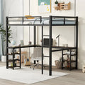 Cama alta de metal negra con escritorio en forma de L, estanterías y barandillas completas