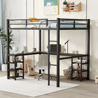 Cama alta de metal negra con escritorio en forma de L, estanterías y barandillas completas