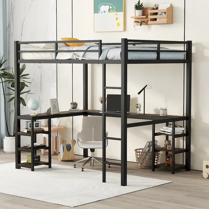 Cama alta de metal negra con escritorio en forma de L, estanterías y barandillas completas