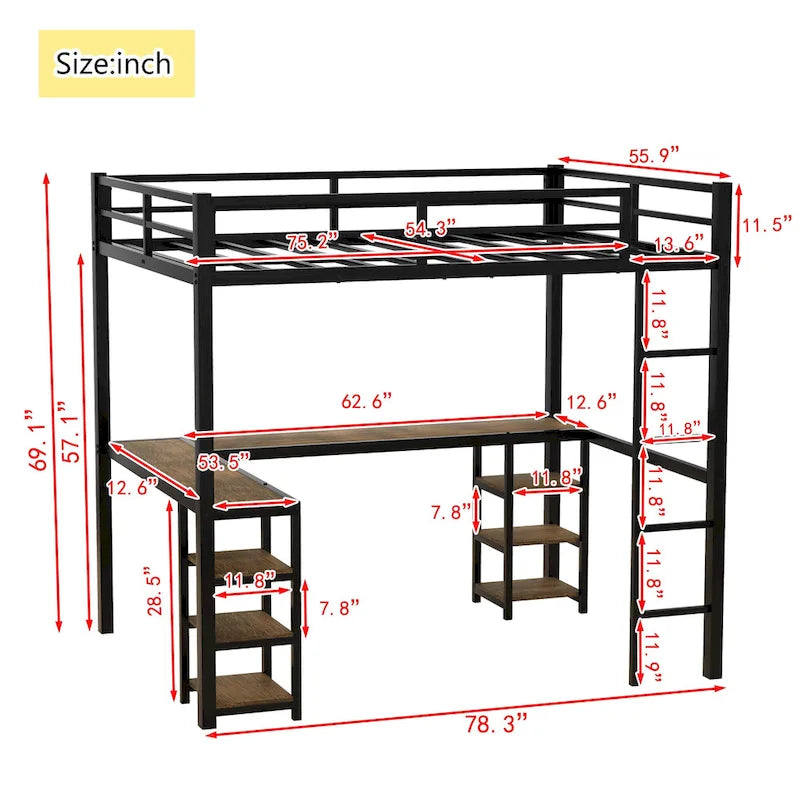 Cama alta de metal negra con escritorio en forma de L, estanterías y barandillas completas
