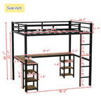 Cama alta de metal negra con escritorio en forma de L, estanterías y barandillas completas