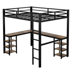 Cama alta de metal negra con escritorio en forma de L, estanterías y barandillas completas