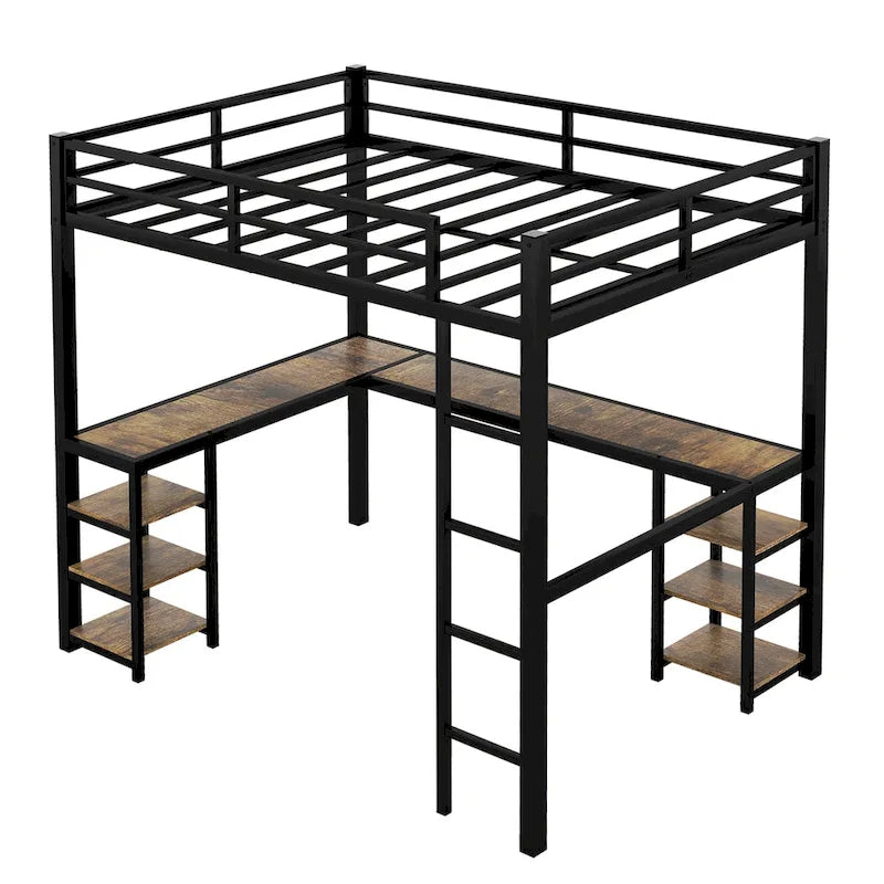 Cama alta de metal negra con escritorio en forma de L, estanterías y barandillas completas