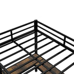 Cama alta de metal negra con escritorio en forma de L, estanterías y barandillas completas