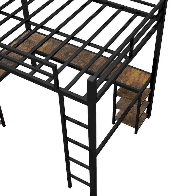Cama alta de metal negra con escritorio en forma de L, estanterías y barandillas completas