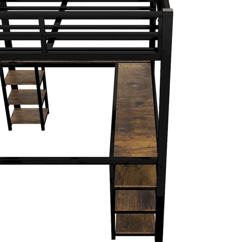 Cama alta de metal negra con escritorio en forma de L, estanterías y barandillas completas