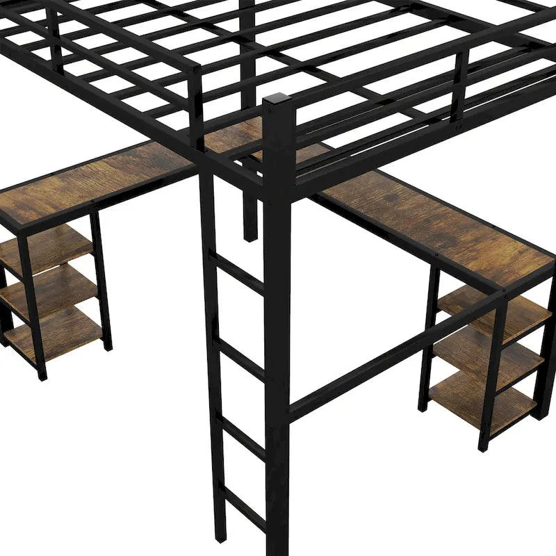 Cama alta de metal negra con escritorio en forma de L, estanterías y barandillas completas