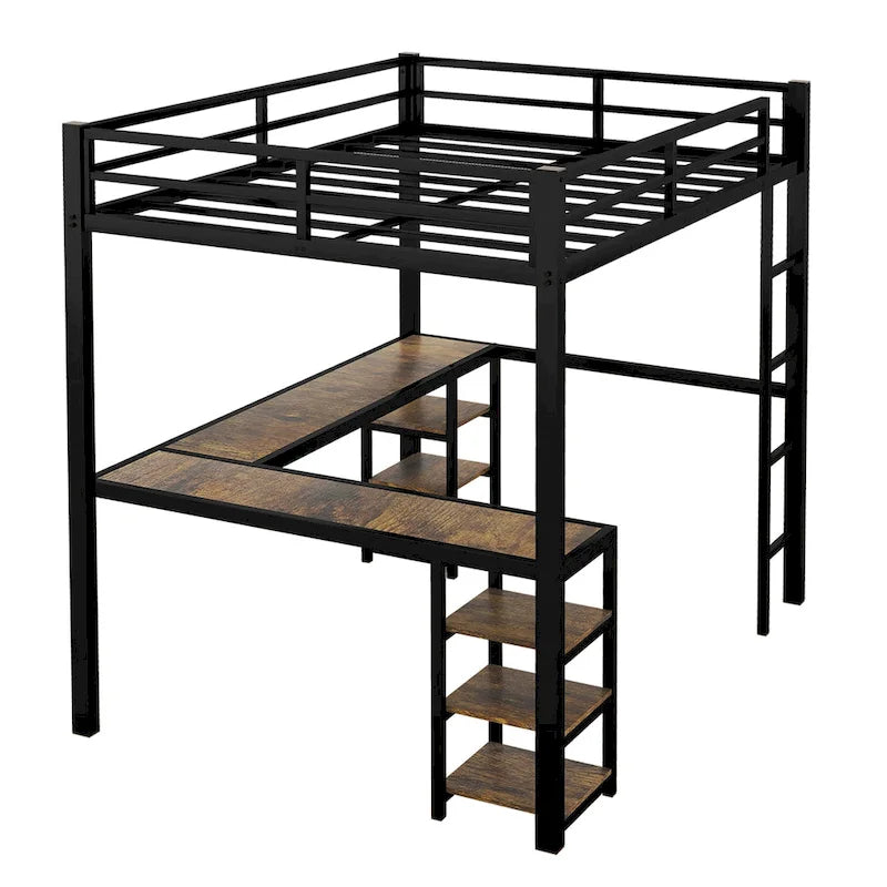 Cama alta de metal negra con escritorio en forma de L, estanterías y barandillas completas