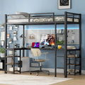 Cama alta doble XL de metal negra con escritorio, estantes, escalera y barandillas
