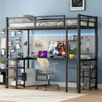 Cama alta doble XL de metal negra con escritorio, estantes, escalera y barandillas