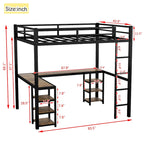 Cama alta doble XL de metal negra con escritorio, estantes, escalera y barandillas