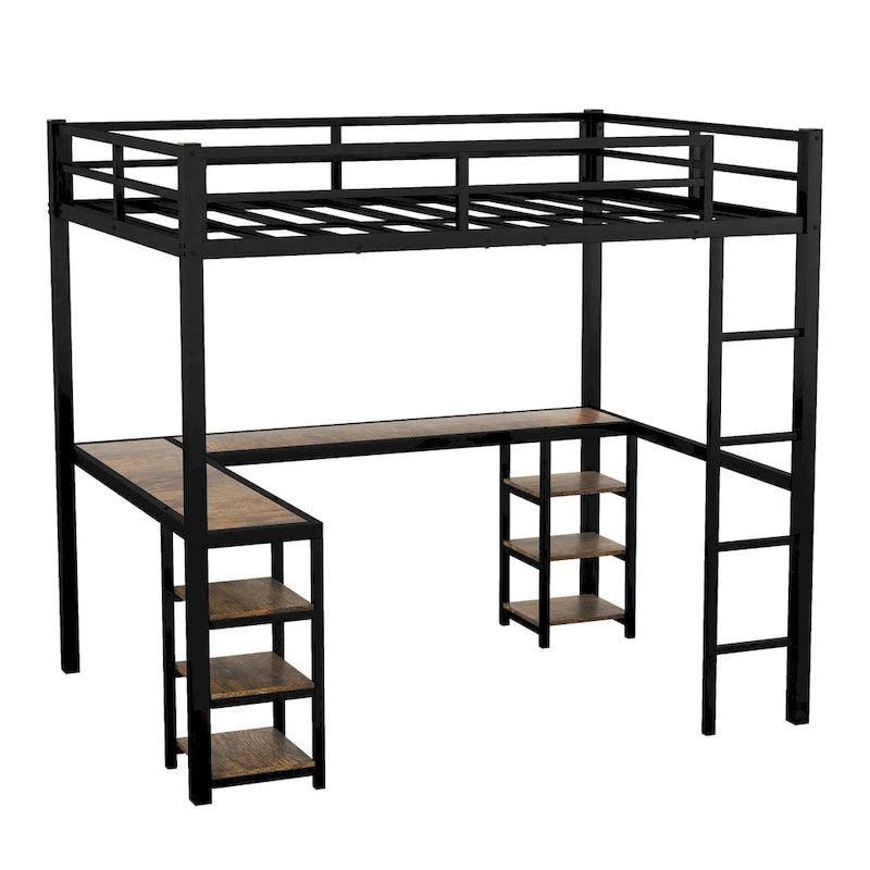 Cama alta doble XL de metal negra con escritorio, estantes, escalera y barandillas