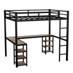 Cama alta doble XL de metal negra con escritorio, estantes, escalera y barandillas
