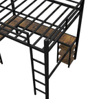 Cama alta doble XL de metal negra con escritorio, estantes, escalera y barandillas