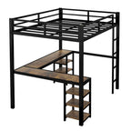Cama alta doble XL de metal negra con escritorio, estantes, escalera y barandillas