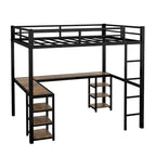 Cama alta doble XL de metal negra con escritorio, estantes, escalera y barandillas