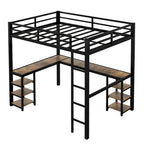 Cama alta doble XL de metal negra con escritorio, estantes, escalera y barandillas