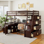 Cama alta de madera maciza de pino Espresso con escritorio y almacenamiento | Acabado en madera cálida