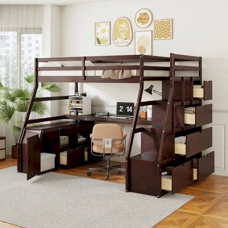 Cama alta de madera maciza de pino Espresso con escritorio y almacenamiento | Acabado en madera cálida