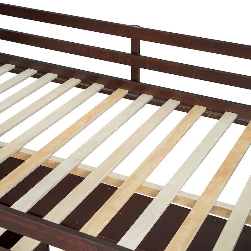 Cama alta de madera maciza de pino Espresso con escritorio y almacenamiento | Acabado en madera cálida