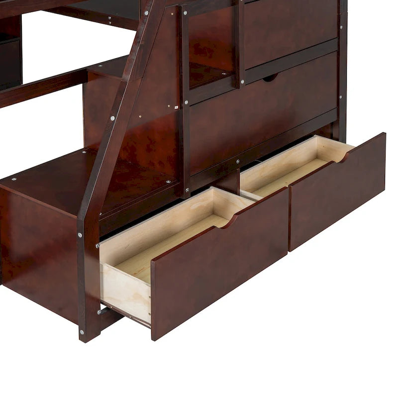 Cama alta de madera maciza de pino Espresso con escritorio y almacenamiento | Acabado en madera cálida