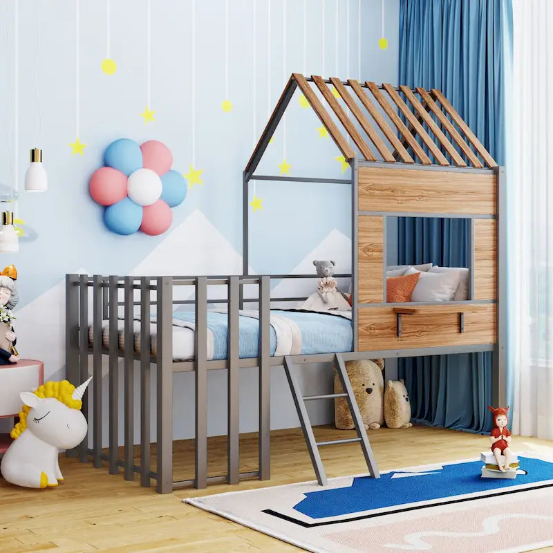 Cama alta de metal doble plateada con techo, ventana, barandillas y escalera | 136 kg