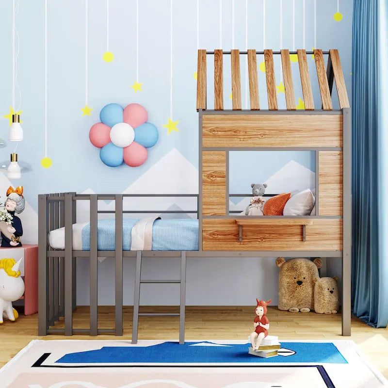 Silver Twin Metal Loft Bed with Roof, Window & Ladder