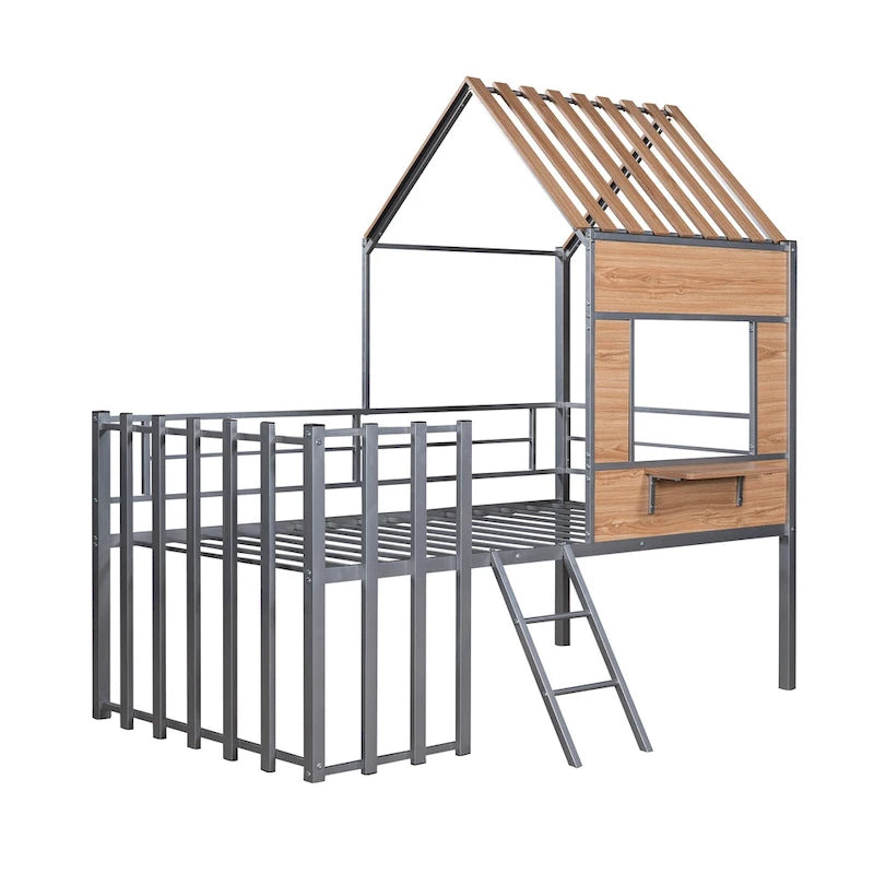 Cama alta de metal doble plateada con techo, ventana, barandillas y escalera | 136 kg