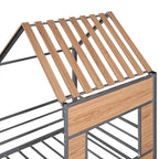 Cama alta de metal doble plateada con techo, ventana, barandillas y escalera | 136 kg
