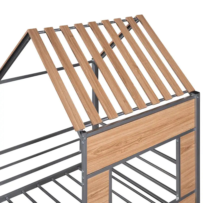 Cama alta de metal doble plateada con techo, ventana, barandillas y escalera | 136 kg