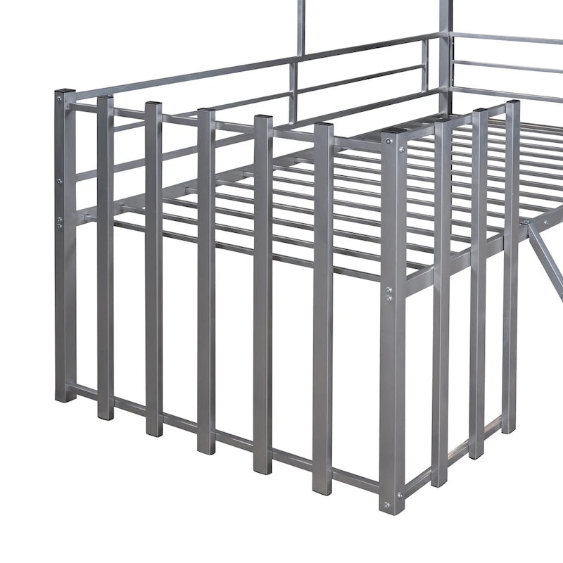 Cama alta de metal doble plateada con techo, ventana, barandillas y escalera | 136 kg