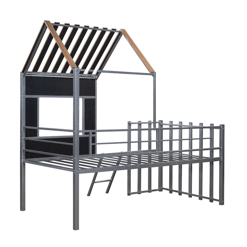 Cama alta de metal doble plateada con techo, ventana, barandillas y escalera | 136 kg