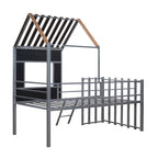 Cama alta de metal doble plateada con techo, ventana, barandillas y escalera | 136 kg